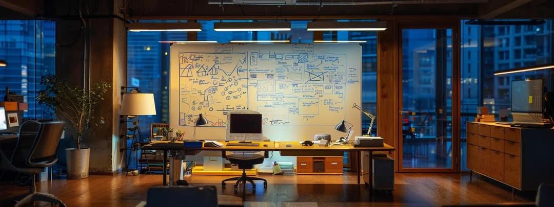 Architect working at desk with large monitor displaying technical drawings