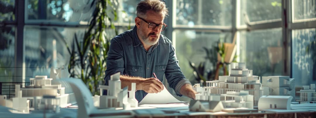 Architect hand-sketching design concept at desk with natural daylight