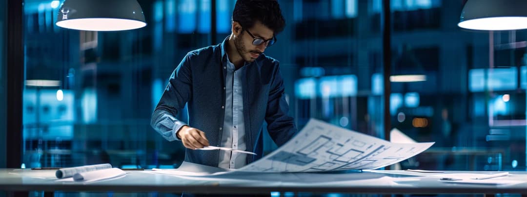 Dynamic architect working at standing desk reviewing blueprints in bright studio