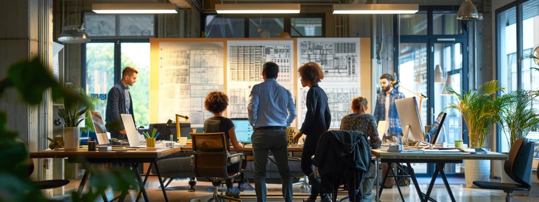 A dynamic architectural office, where architects are dicussing a new project