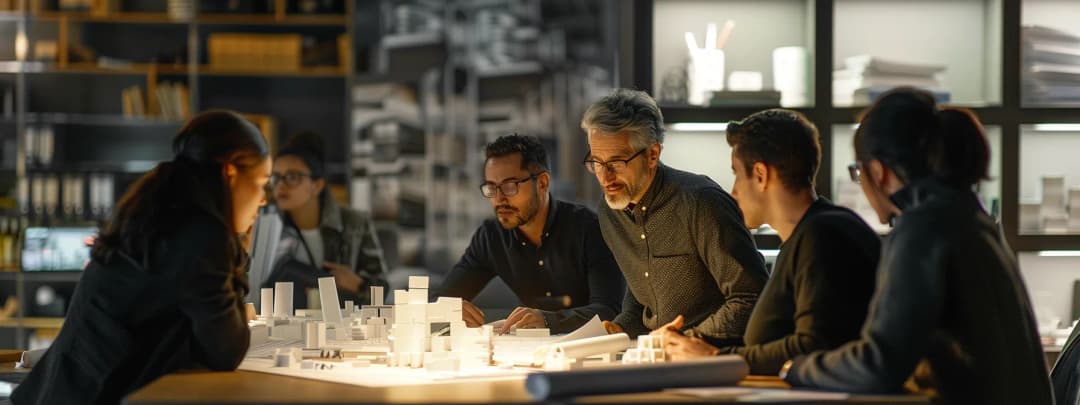 Architecture professionals in candid discussion reviewing project in office meeting