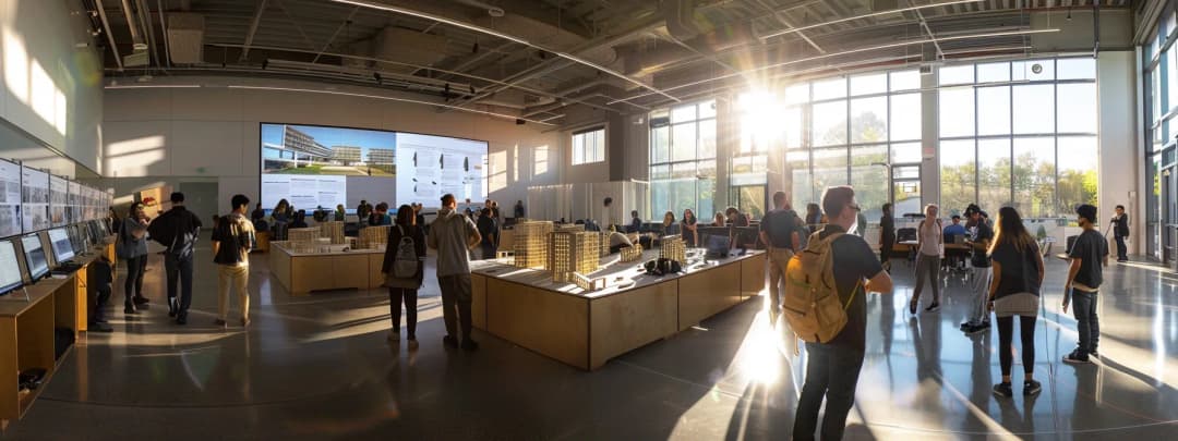 A dynamic architecture exhibition in a large modern gallery space
