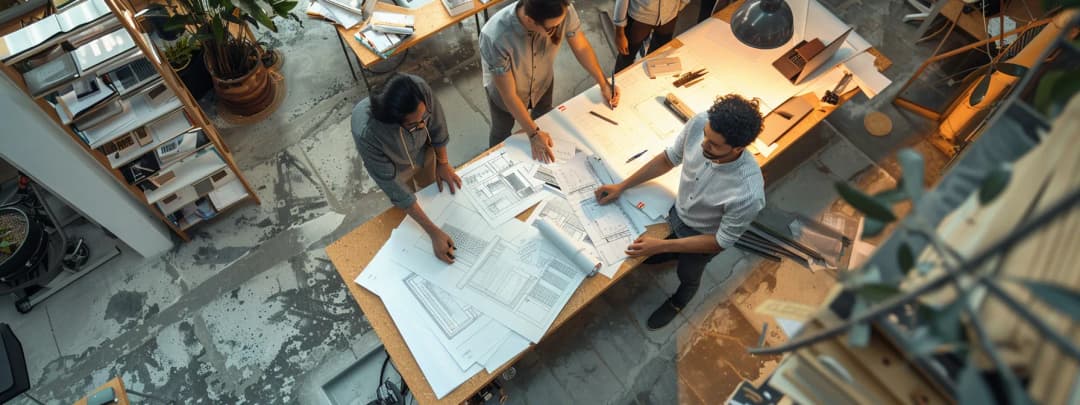 A dynamic urban architecture studio, where drawings are laid out on the desk