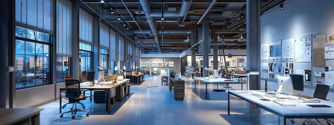 Dynamic architecture workspace filled with natural light and creative professionals