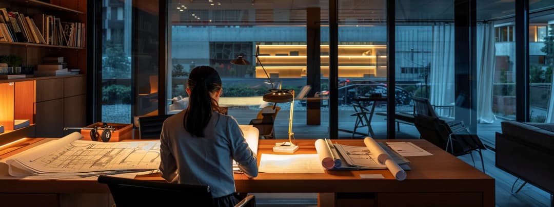 Professional architect seated at desk reviewing architectural drawings with focused concentration