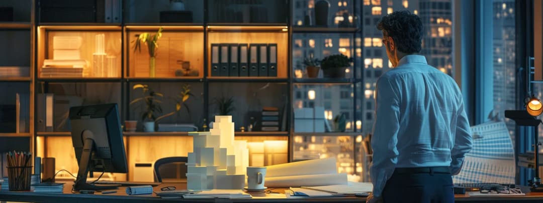 A focused architect stands reviewing his model and drawings