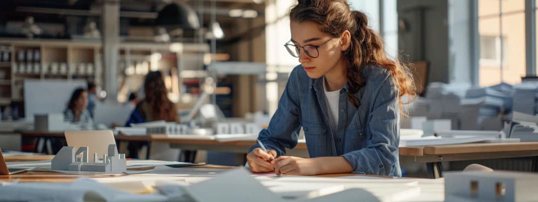 Architecture student focused on computer-aided design work at desk