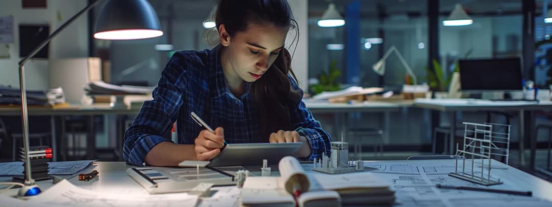 A focused architecture student working on her tablet