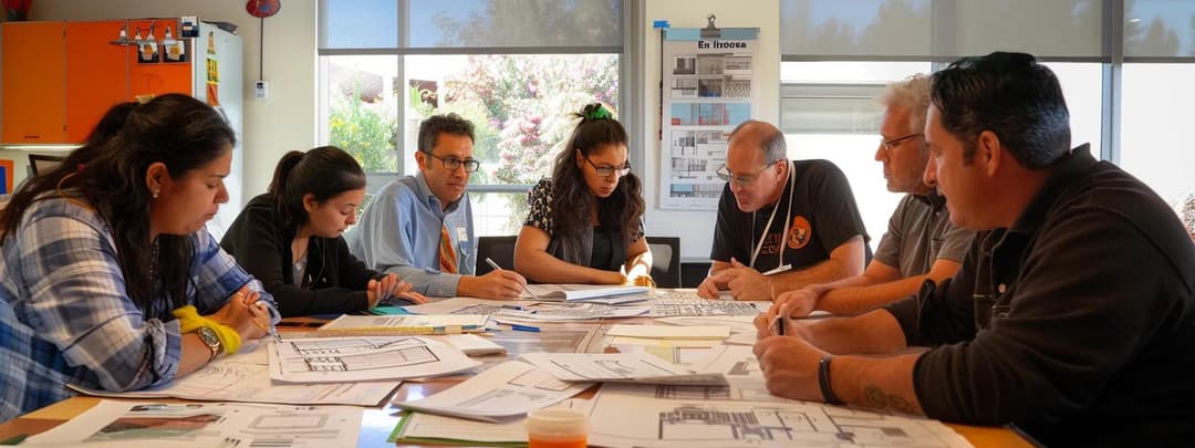 Group of architects collaborating intensively around conference table with plans and laptops