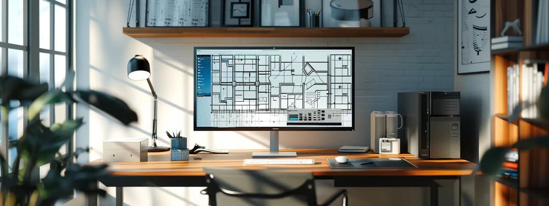 A close up of an architect's desk, with a screen showing a CAD model