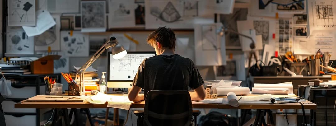 A focused student architect is working late in the studio