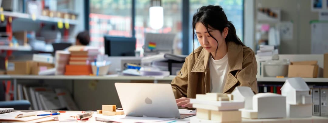 A focused architecture student sits working on her laptop