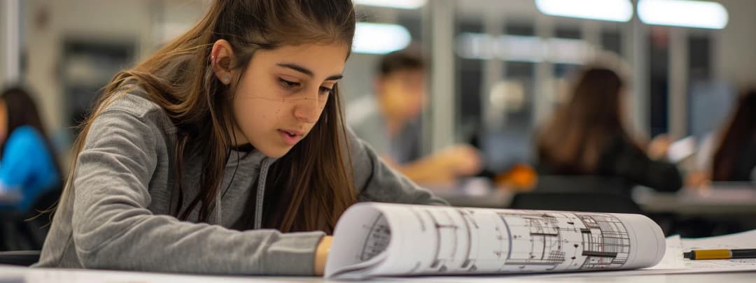 A focused student studies architectural drawings