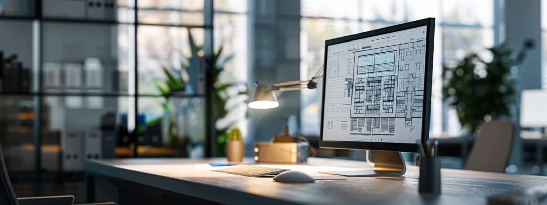 A focused view of an architect's desk and CAD drawings on screen