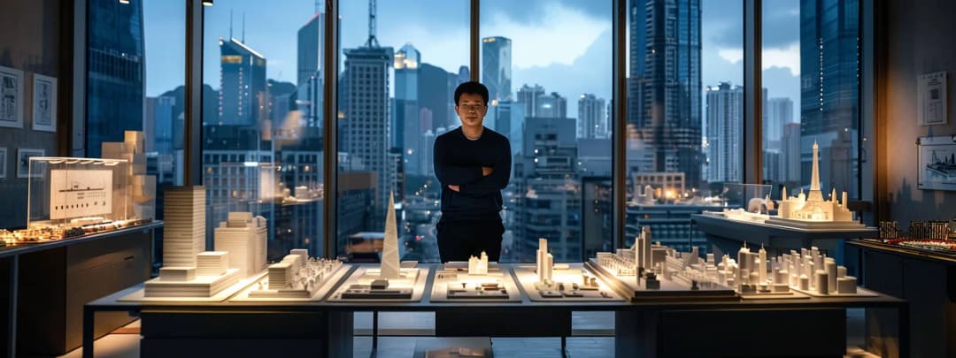 An architect stands in front of a series of high quality architecture models