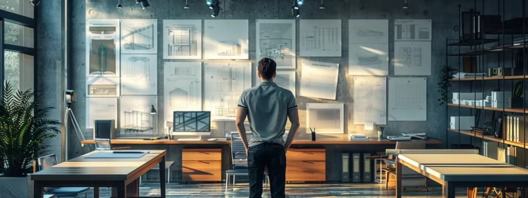 A modern architect stands in front of his presentation, ready to pitch for a new architecture project