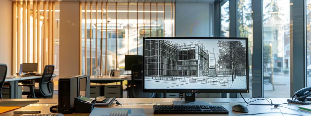 A modern architectural office scene, showing an architect's desk