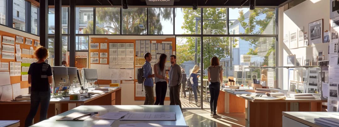 A large, open plan architecture office scene, showing some young architects in the shot