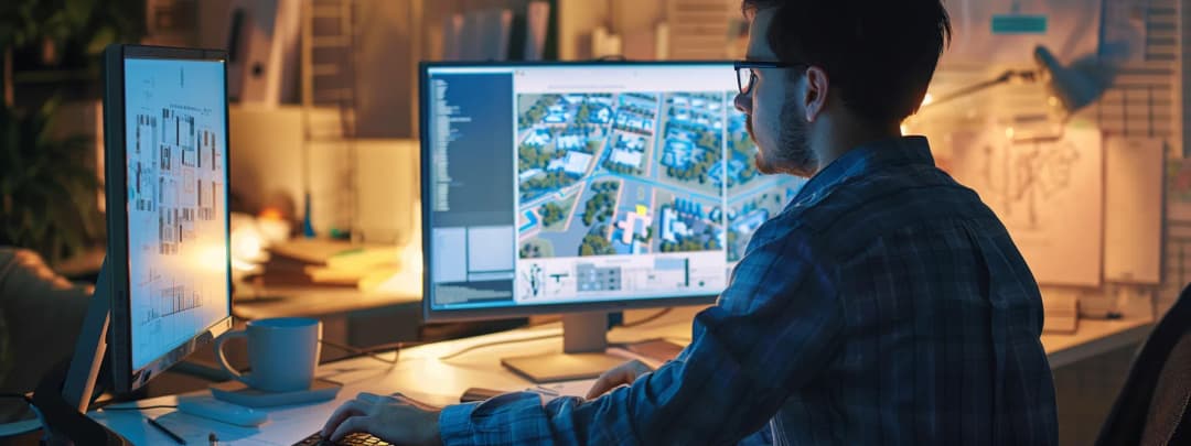 An architect working late on a 3D CAD model
