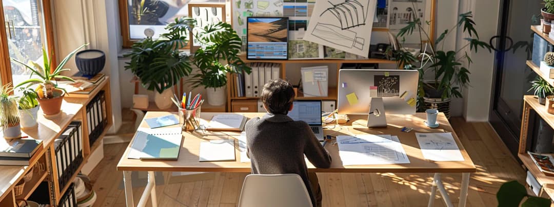 A modern brightly lit home office of an architect with drawings on display