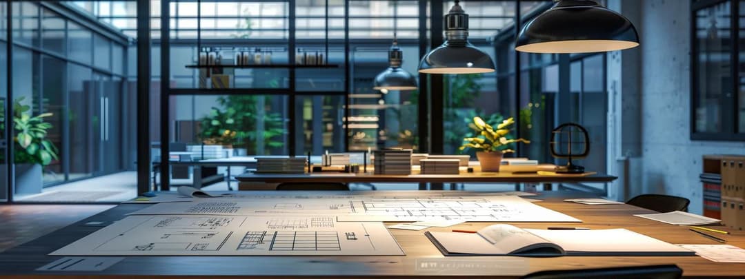 A modern office workspace showcasing architectural drawings