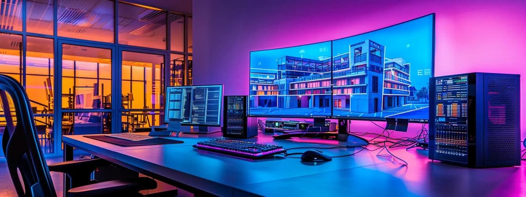 A super modern architect's desk, with a CAD rendering on the screen