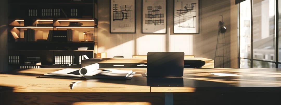 A modern office setup with a laptop and drawings on the desk of an architect