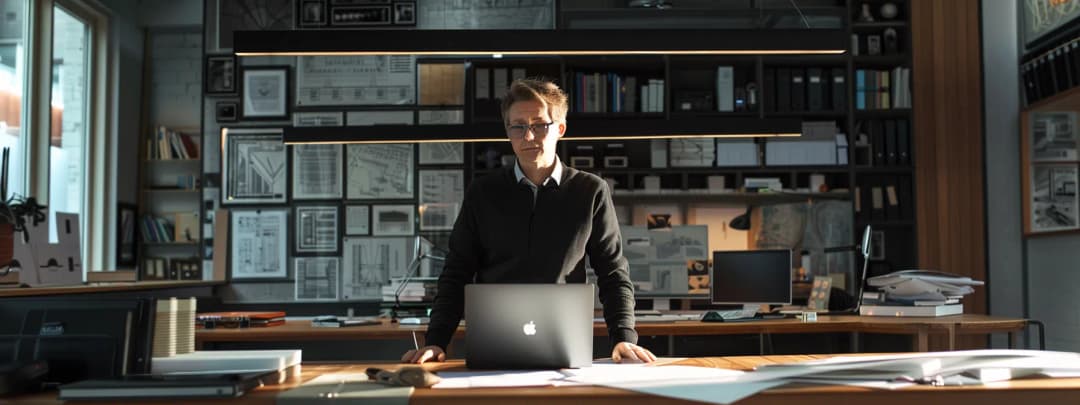 A professional architect stands at this desk reviewing drawings