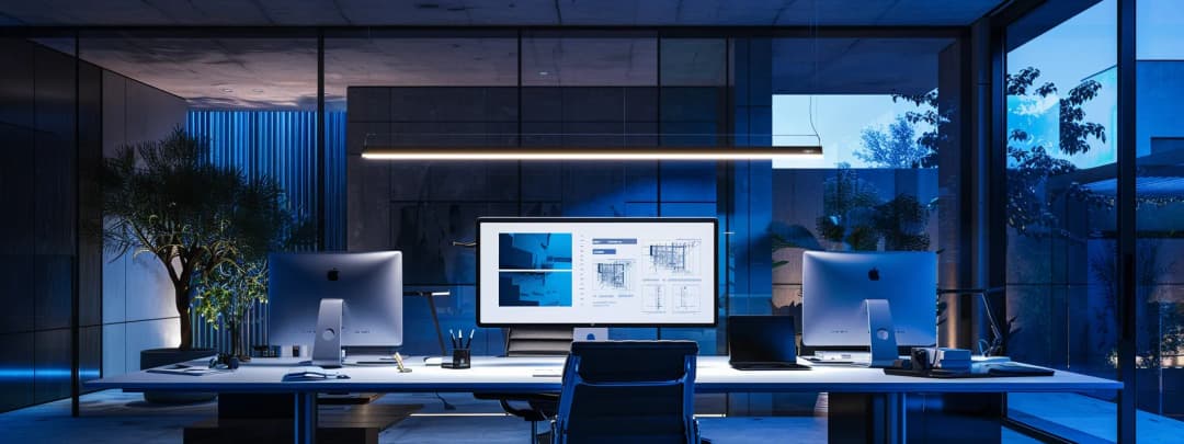 An architect's desk late at night showing a large digital architecture presentation