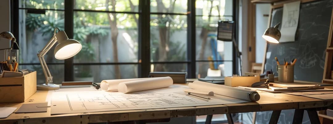 An architect's desk full of detailed drawings