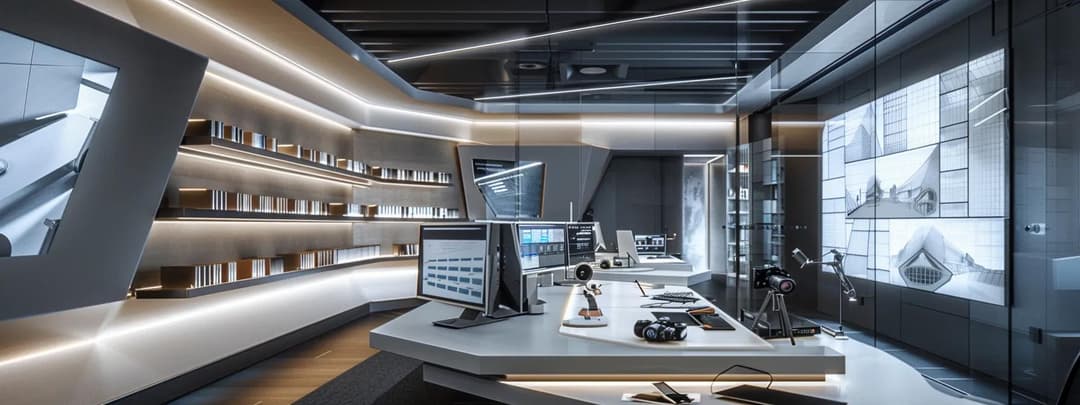 A very modern architecture studio with computers and books on display