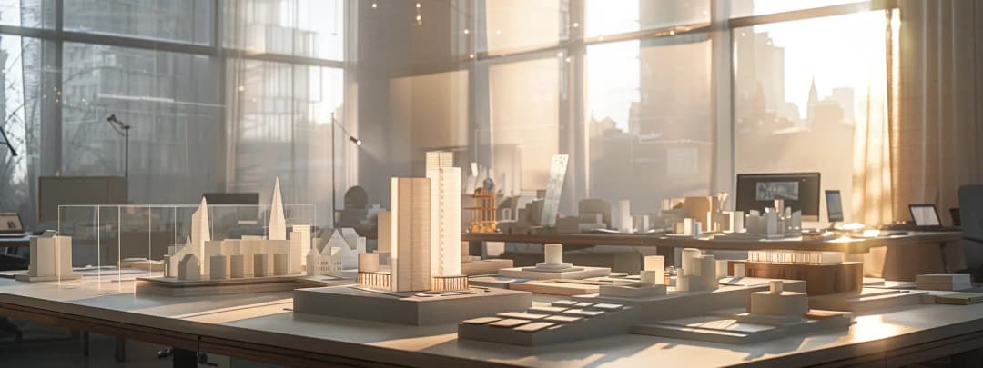 A cinematic shot of a series of crisp architecture models