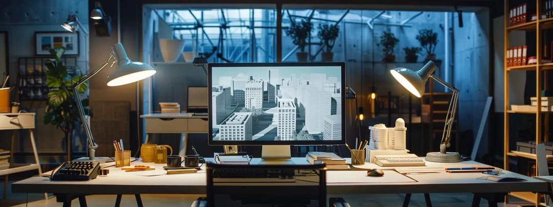A modern, high end architect's desk showing a SketchUp model on screen
