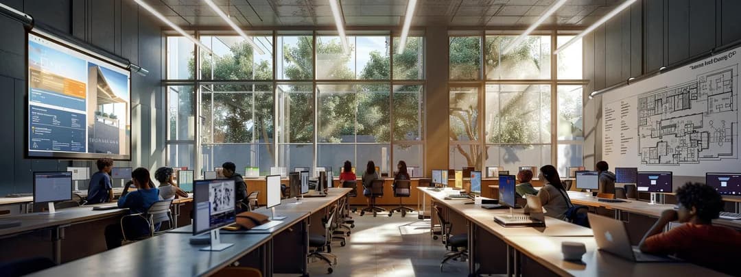 A large sleek student studio space at architecture university