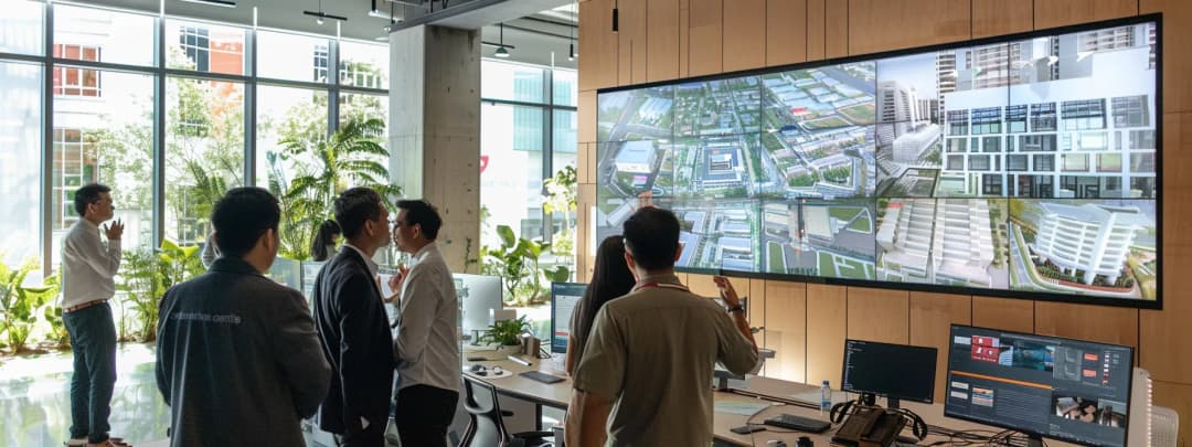 A series of architects and clients reviewing an architecture project