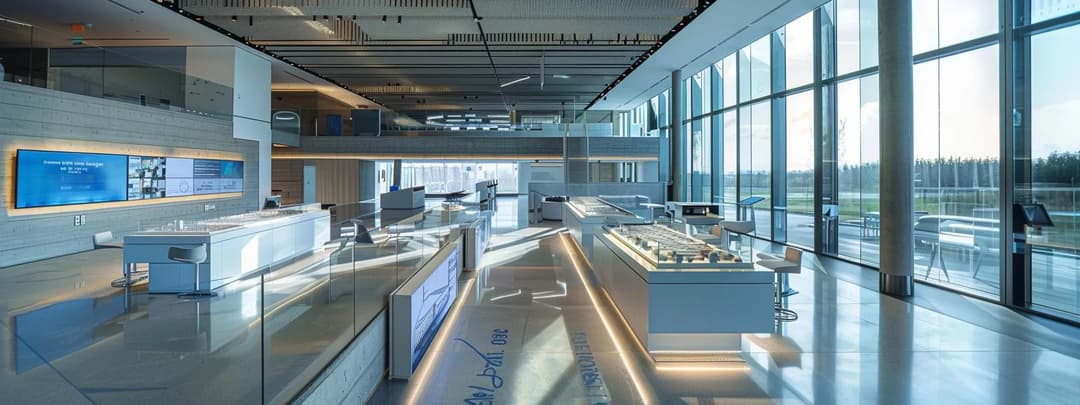 A modern gallery space showing architecture models