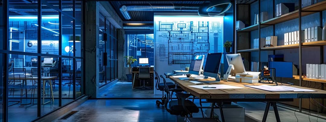 A sleek modern office filled with architect's drawings