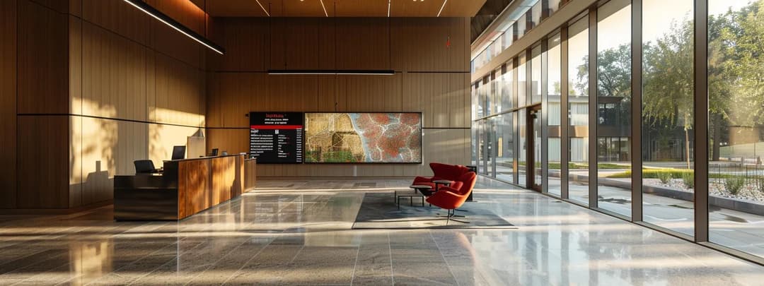 Sleek modern office space with dramatic lighting, reflective surfaces and high-end finishes