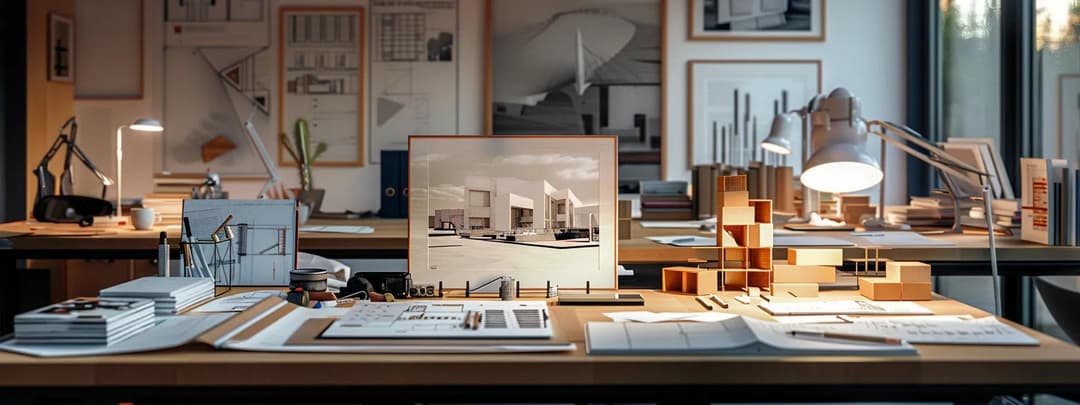 A traditional architect's desk with drawings, paintings and models