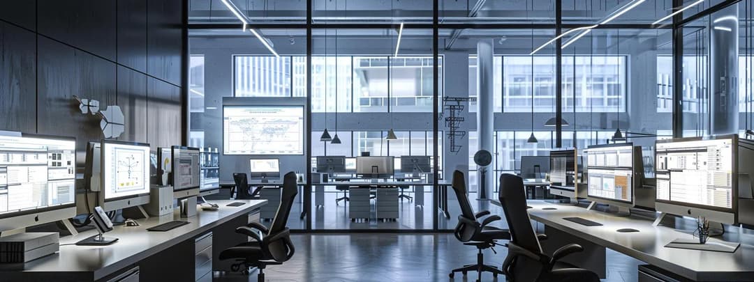 Modern office workspace with panoramic windows, city views and contemporary task furniture
