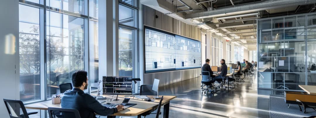 Sophisticated modern workspace with integrated technology, wireless charging and cable management