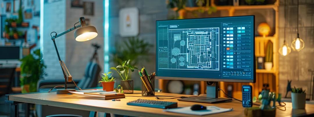 A modern architecture office space, showing architect's cad drawings