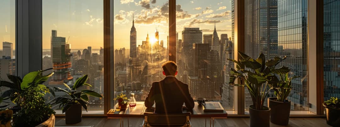 A striking candid photograph showing an architect looking over the city skyline