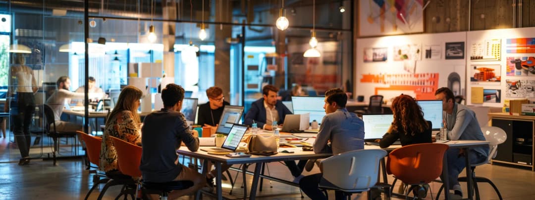 A striking urban office space, with architect's discussing a project