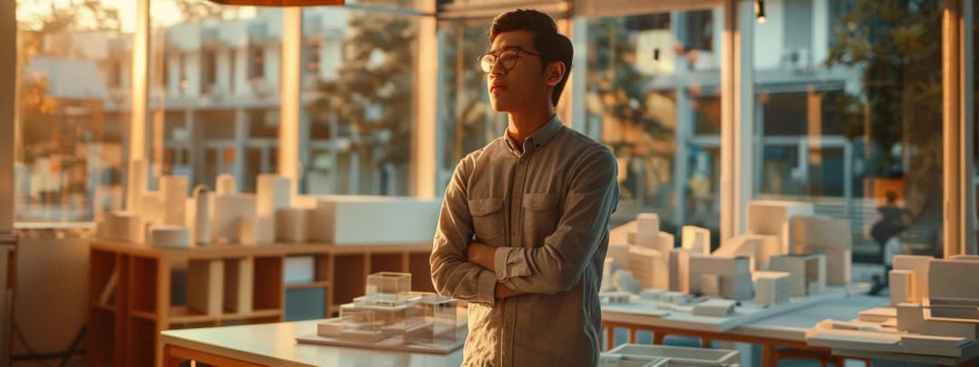 A vibrant candid moment captures an architect reviewing his project