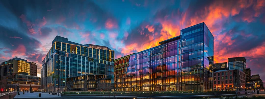 A vibrant urban skyline at dusk