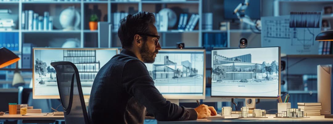 An architectural designer intently working on an online architecture course