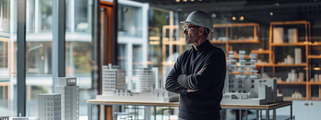 A confidently poised construction worker reviews an architect's designs