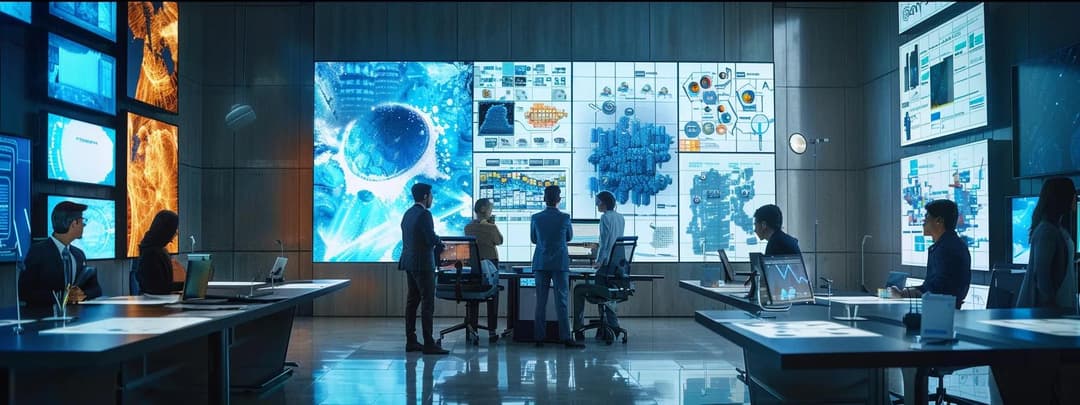 A dynamic modern workspace filled with architects discussing a new project
