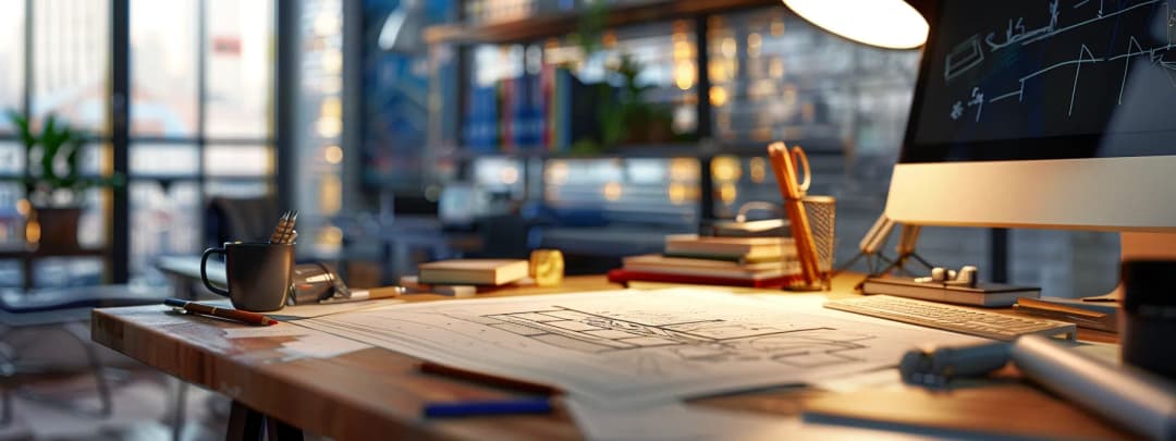Meticulously arranged architectural workspace with organized drawings, models and design references